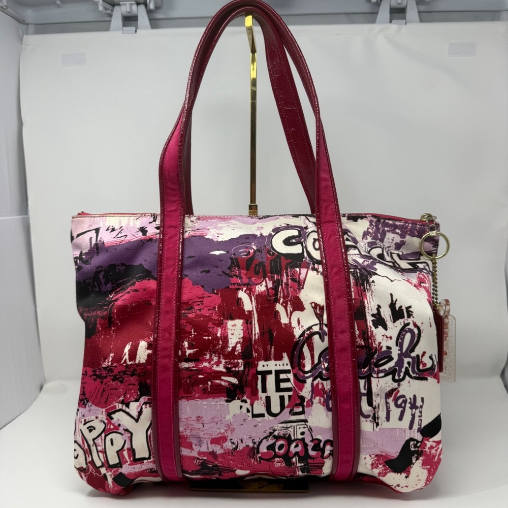 Coach Poppy Graffiti Tote Bag Pink Red Canvas Leather Trim Large Shoulder Bag - Picture 2 of 16